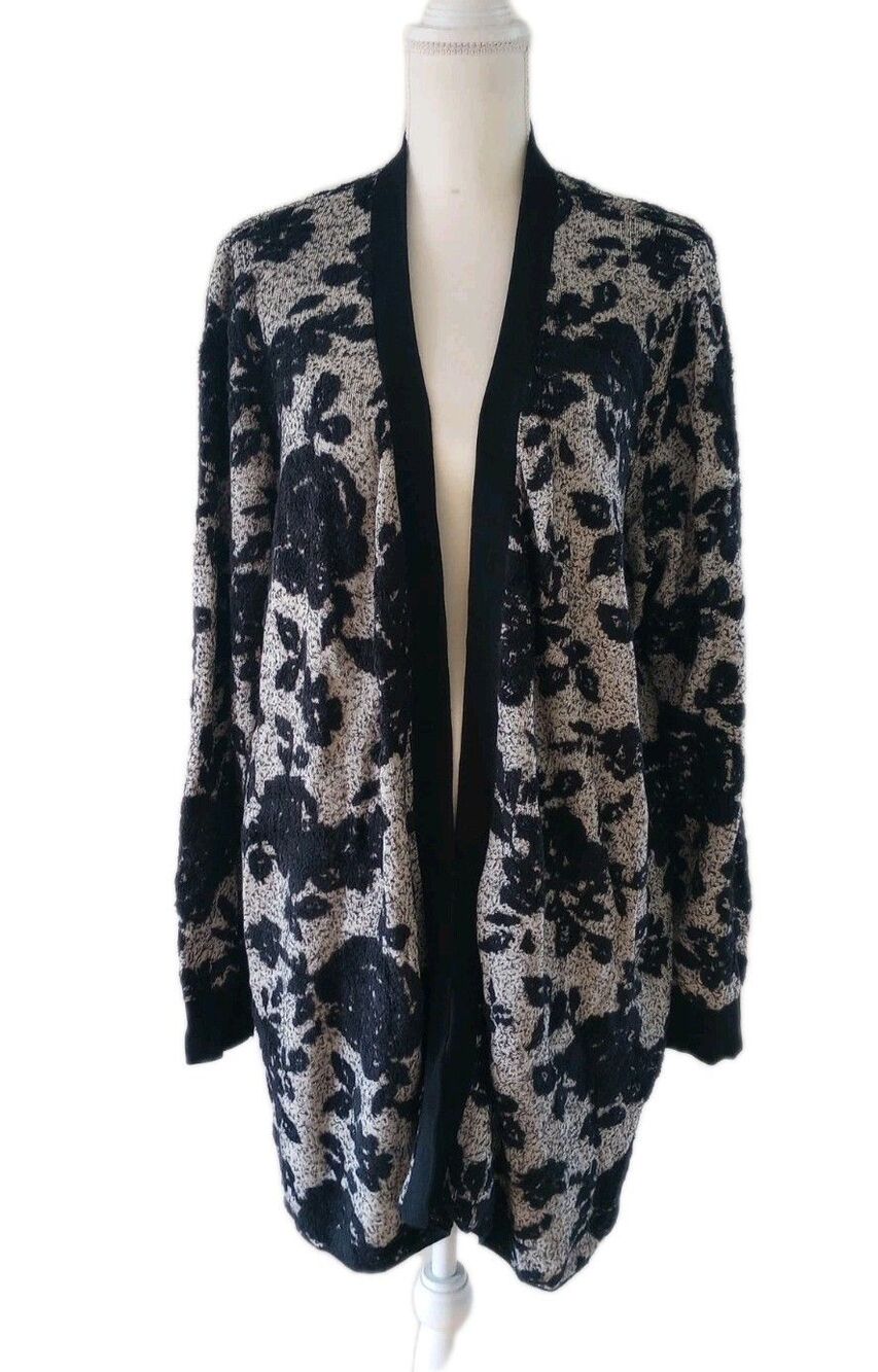 Lane Bryant Open Cardigan Sweater Black Gray Rose Floral Whimsigoth 18 20 Cozy
